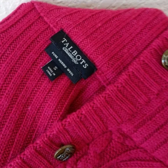 Talbots fuchsia 100% wool ribbed military style cardigan sweater - Picture 5 of 6